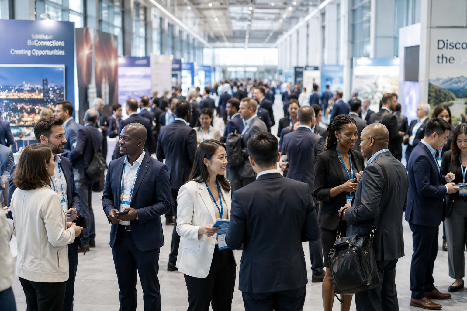 Tourism professionals networking at trade show